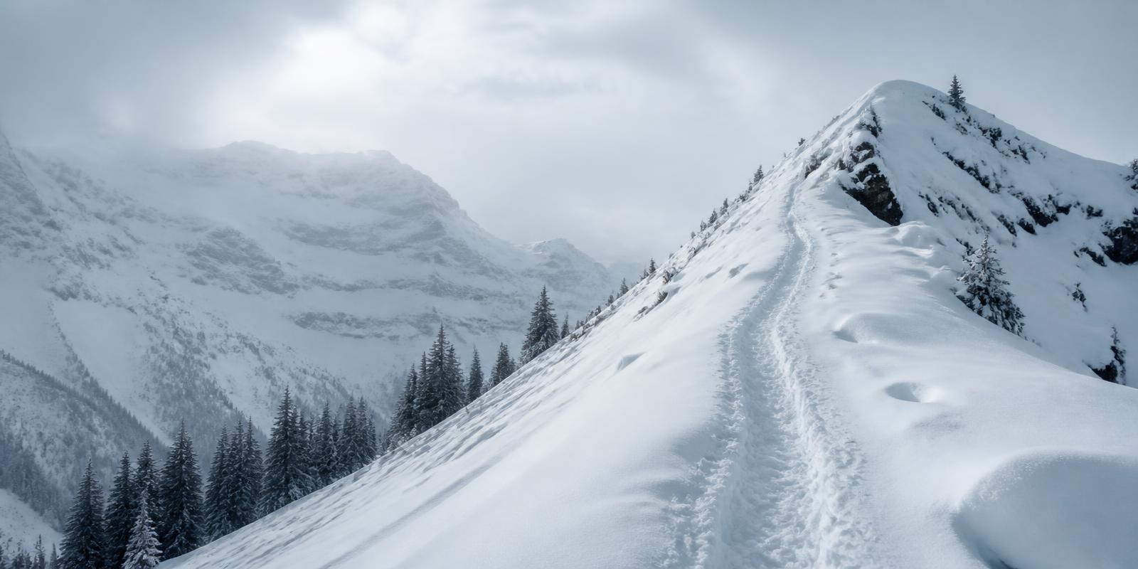 Footpath climbing a snowy alpine ridge